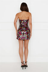 Floral Glitter Sequin Strapless Mini Dress Black